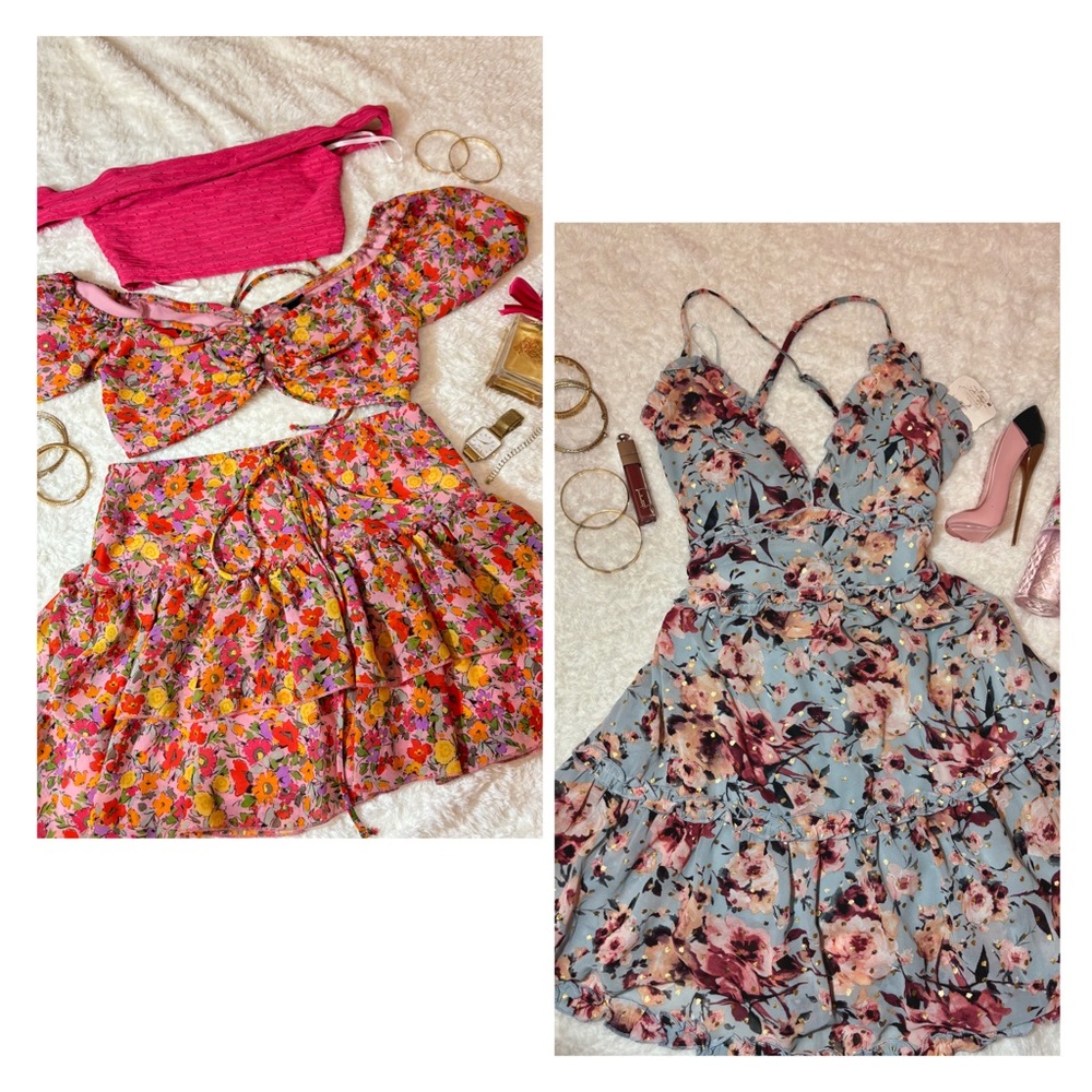 ⭐️FLORAL BUNDLE⭐️ pink floral skirt and top set , and blue floral dress